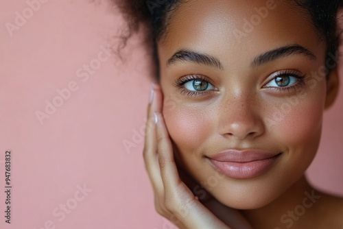 Skincare and beauty portrait. A beautiful woman applying a skincare cream on her body, green background with leaves and foliage 