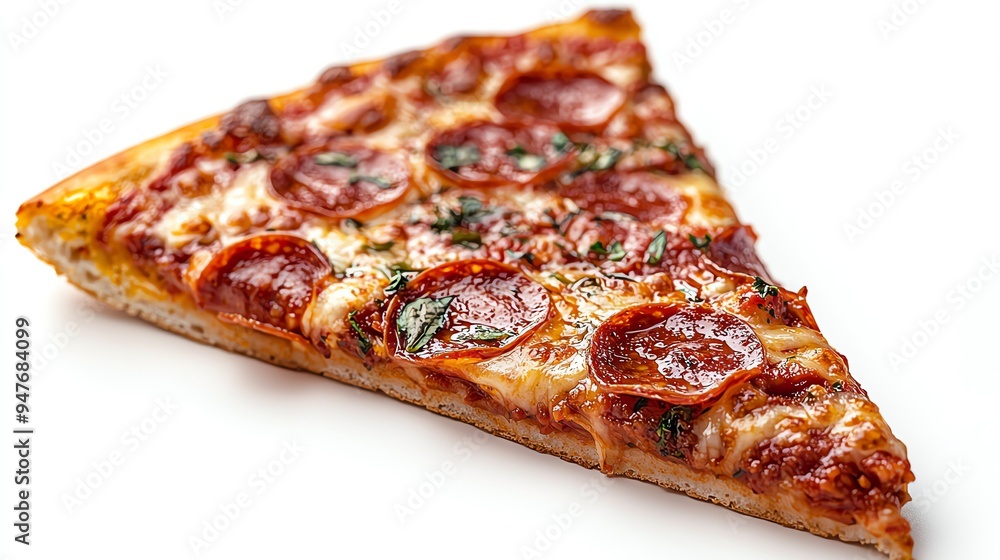 Delicious slice of pepperoni pizza with cheese and herbs, showcasing its crispy crust and rich toppings on a clean white background. Delicious slice of pepperoni pizza with cheese and herbs, showcasing its crispy crust and rich toppings on a clean white background.