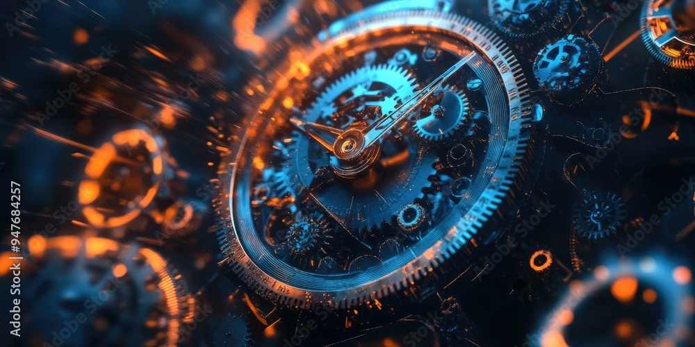 Fototapeta premium Detailed clockwork with blue and orange highlights.