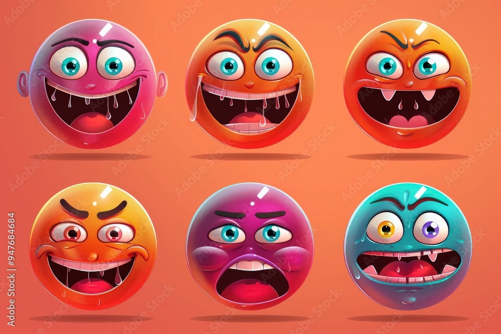 Create a set of vibrant, cartoon-style emoji faces with exaggerated expressions, perfect for social media. Colorful and dynamic. Create a set of vibrant, cartoon-style emoji faces with exaggerated expressions, perfect for social media. Colorful and dynamic.