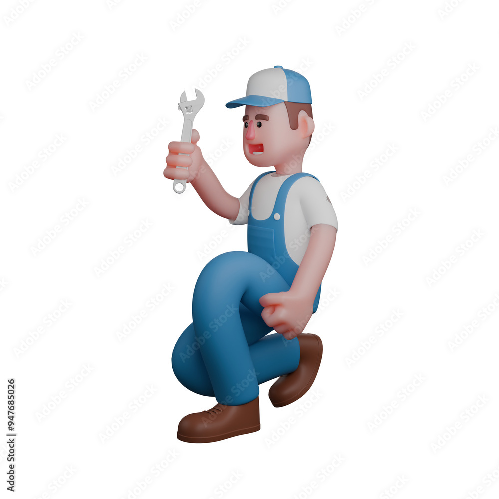 Illustration of a Professional Mechanic. A mechanic is kneeling with a serious expression while holding a wrench. 3D Male Illustration of a Professional Mechanic. A mechanic is kneeling with a serious expression while holding a wrench. 3D Male