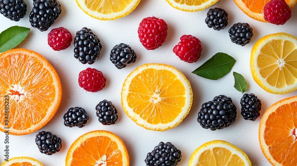 Vibrant assortment of sliced citrus fruits and berries arranged artfully on a white background, showcasing colorful freshness. Vibrant assortment of sliced citrus fruits and berries arranged artfully on a white background, showcasing colorful freshness.