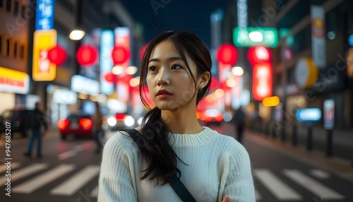 Contemplative Young Woman in a White Sweater with City Lights Background at Night