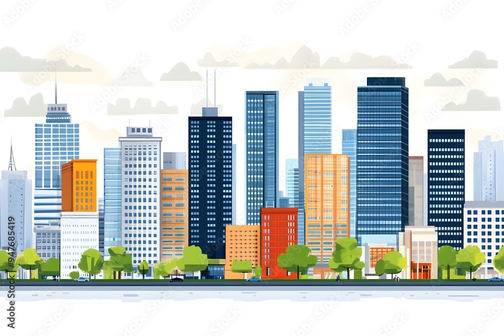 Fototapeta premium Modern City Skyline Illustration with Buildings and Trees