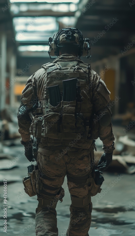 Special unit fighter stares threateningly at the enemy from behind in intense photography shot Special unit fighter stares threateningly at the enemy from behind in intense photography shot