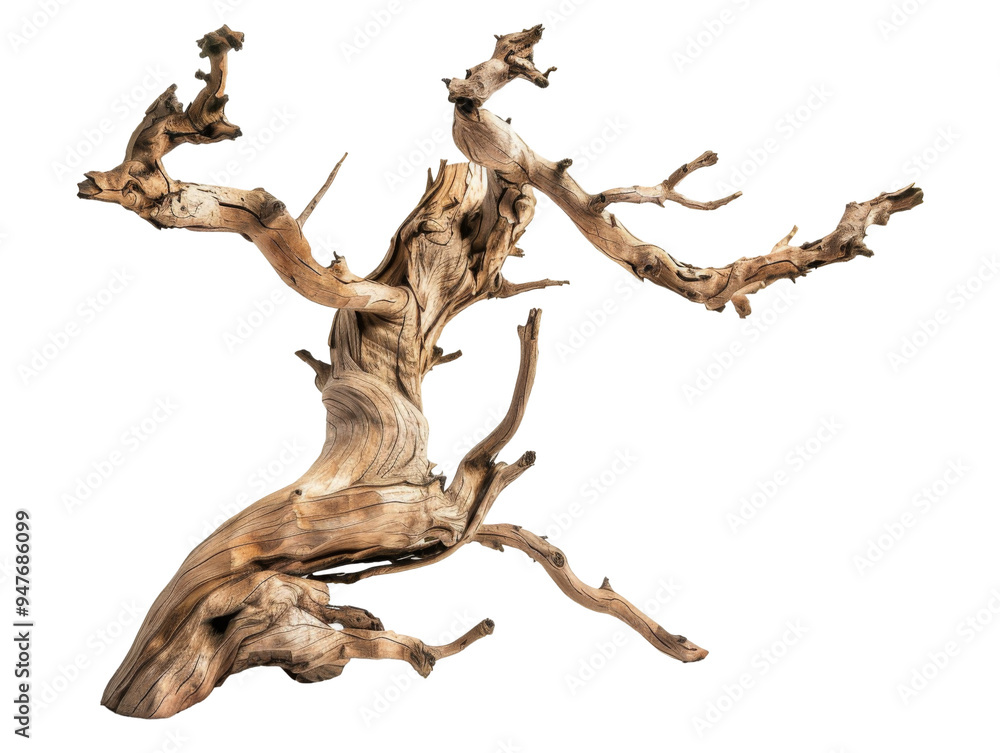 Obraz premium A twisted piece of driftwood with intricate textures and branches, suitable for decor or art.