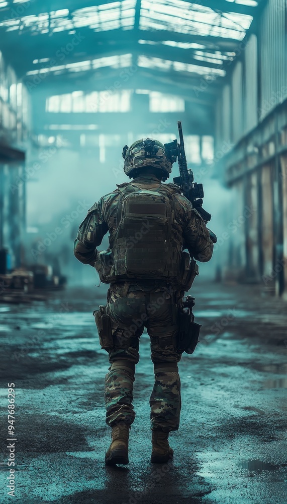 Special unit fighter threatens enemy with intense stare from back view in captivating photography Special unit fighter threatens enemy with intense stare from back view in captivating photography