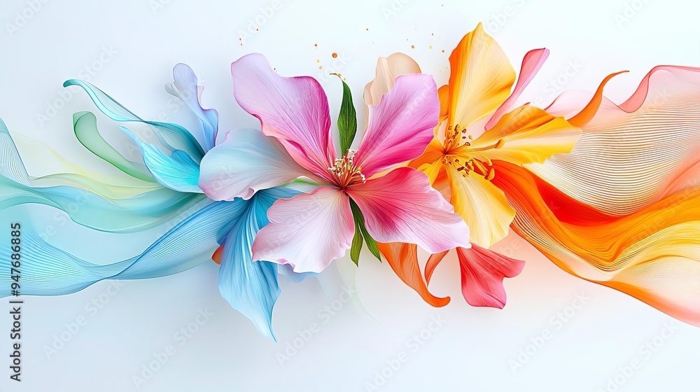 Vibrant floral arrangement with petals merging into a swirl of colors, artistic fusion of nature and abstract patterns, blooming life Vibrant floral arrangement with petals merging into a swirl of colors, artistic fusion of nature and abstract patterns, blooming life