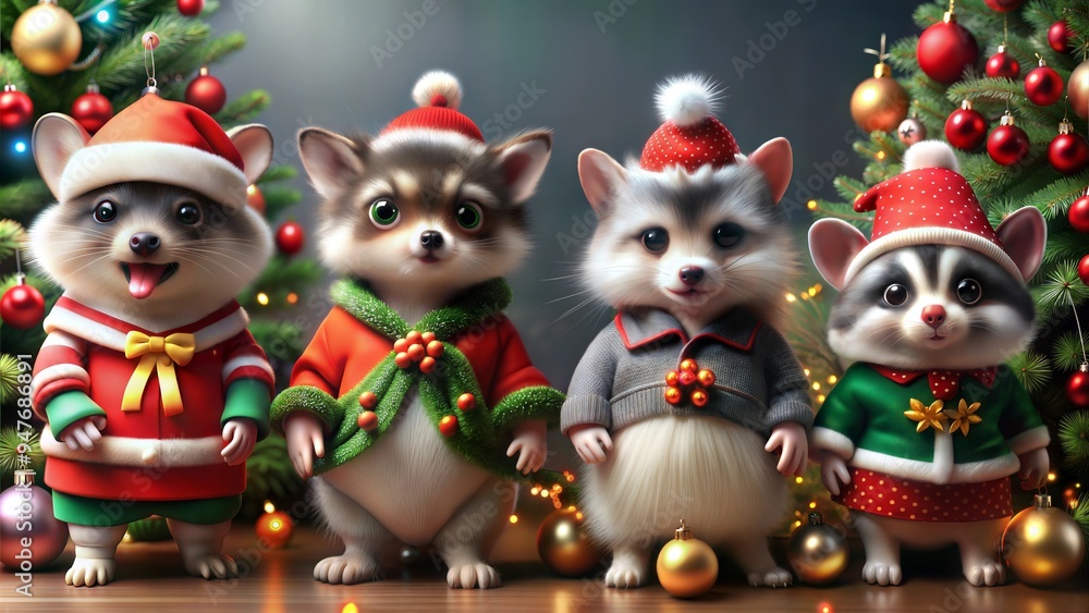 Fototapeta premium Cute Animals in Santa Hats Celebrating Christmas