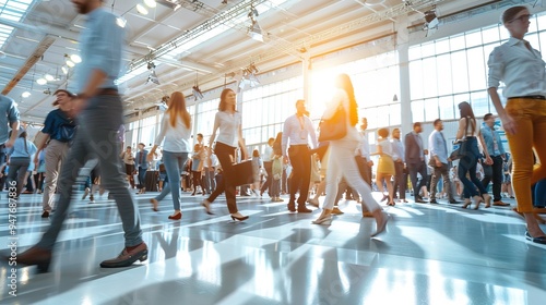 blurred business people walking at a trade fair, conference or walking in a modern hall 