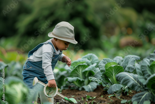 photo of a child, wearing a hat and rain boots in a garden, watering cabbages,