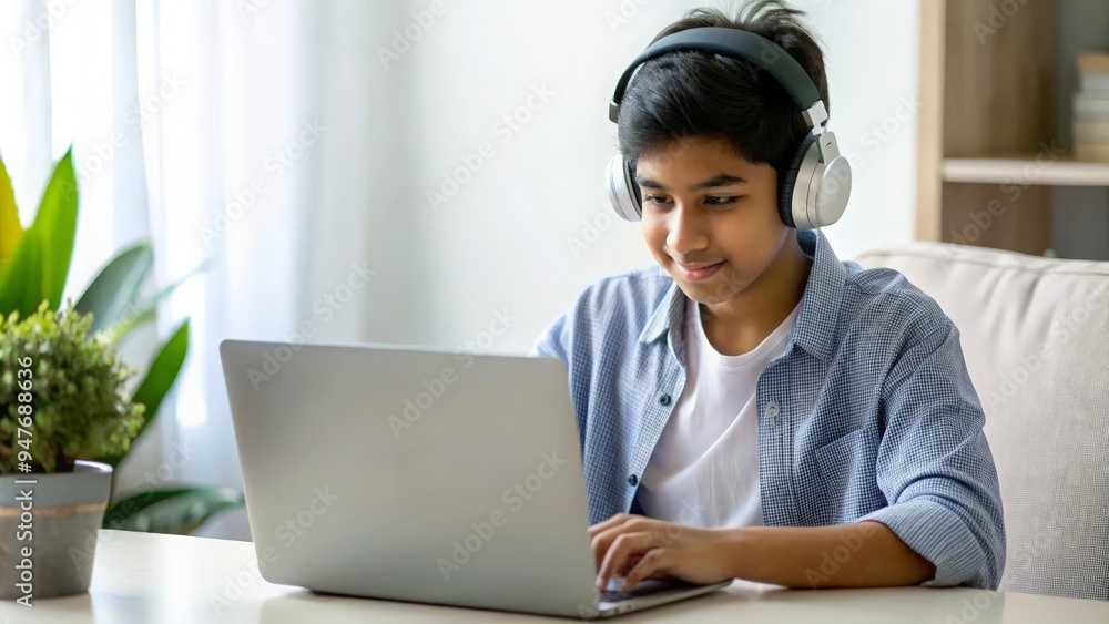 Indian Asian teenager using headphones and a laptop for home-based learning.
Indian Asian teenager using headphones and a laptop for home-based learning.