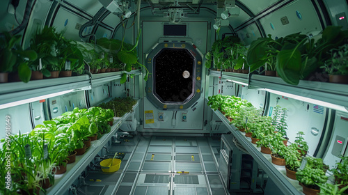 Fototapeta Naklejka Na Ścianę i Meble -  Futuristic Space Station Laboratory Researching Adaptogenic Plants in Hydroponic Gardens for Long-Duration Space Travel