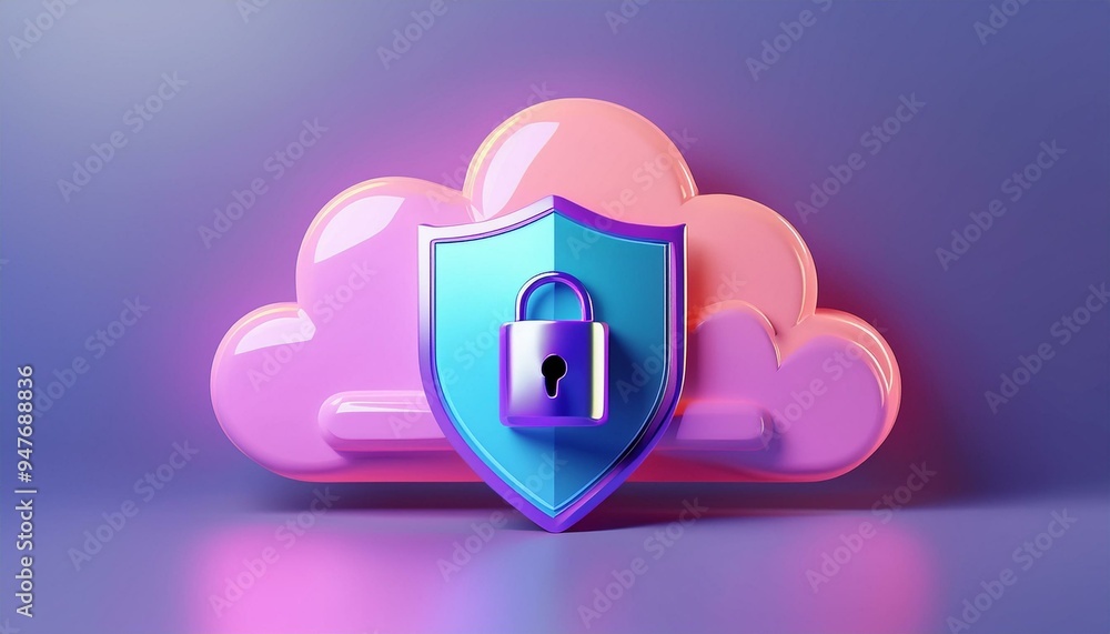 A vibrant cloud with a shield and lock, symbolizing data security and protection in the digital world.