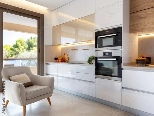 Modern Kitchen with Cozy Armchair and Natural Light