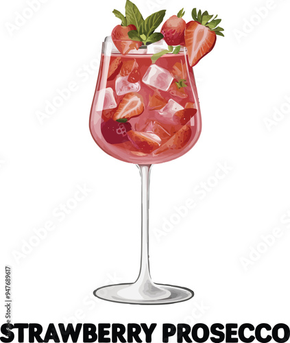 Detailed vector illustration of a Strawberry Prosecco cocktail – hand-drawn sketch featuring the bubbly drink with fresh strawberries, isolated for use in bar menus, promotional materials, and elegant