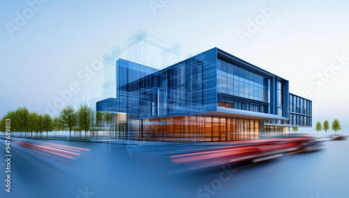 A modern office building in the city, featuring glass facades and double-height ceilings