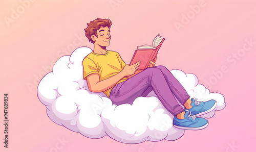 Young man sitting on a cloud, reading a book, relaxing in the sky.