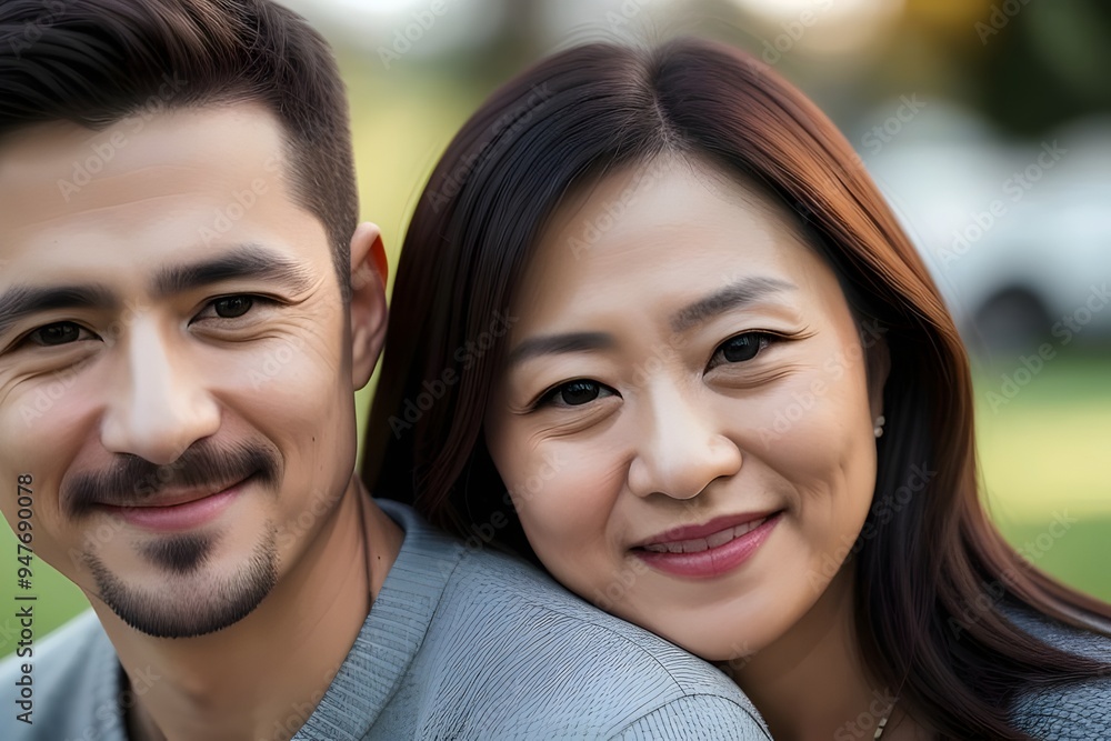 a portrait of a happy attractive middle aged Asian couple in love, smiling, romantic, relationship, joyful, connected, serene, affectionate, intimate, cozy, warm, gentle, content, caring, close a portrait of a happy attractive middle aged Asian couple in love, smiling, romantic, relationship, joyful, connected, serene, affectionate, intimate, cozy, warm, gentle, content, caring, close