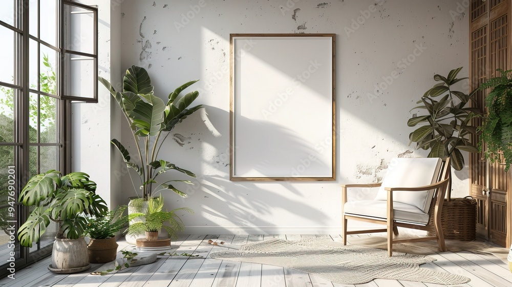 White Patio with Plants and Frame Mockup. A serene white patio with a wooden deck, potted plants, and a blank frame mockup on the wall White Patio with Plants and Frame Mockup. A serene white patio with a wooden deck, potted plants, and a blank frame mockup on the wall