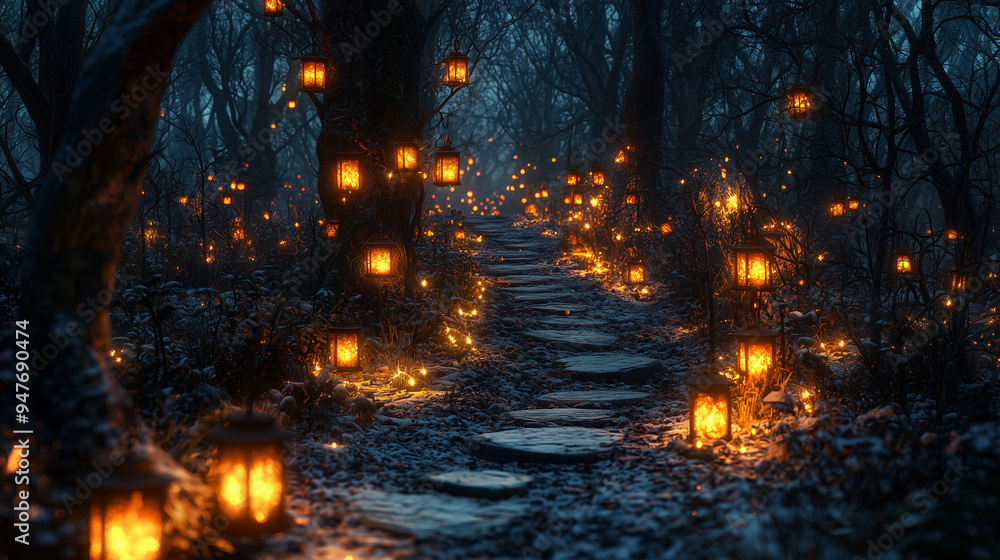 Stunning hyperrealistic photograph of glowing fairy lanterns in a mystical forest setting. Stunning hyperrealistic photograph of glowing fairy lanterns in a mystical forest setting.