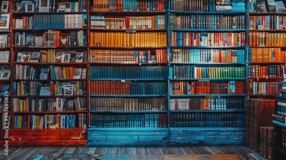 Rows of different colorful books lying on the shelves in the modern urban bookshop Rows of different colorful books lying on the shelves in the modern urban bookshop