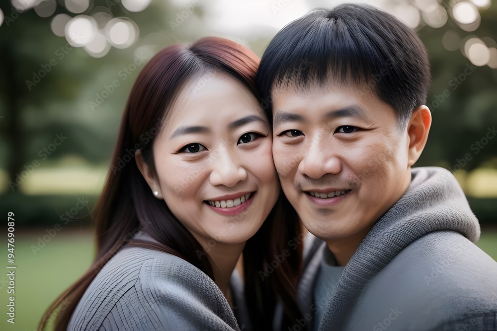 a portrait of a happy attractive middle aged Asian couple in love, smiling, romantic, relationship, joyful, connected, serene, affectionate, intimate, cozy, warm, gentle, content, caring, close a portrait of a happy attractive middle aged Asian couple in love, smiling, romantic, relationship, joyful, connected, serene, affectionate, intimate, cozy, warm, gentle, content, caring, close