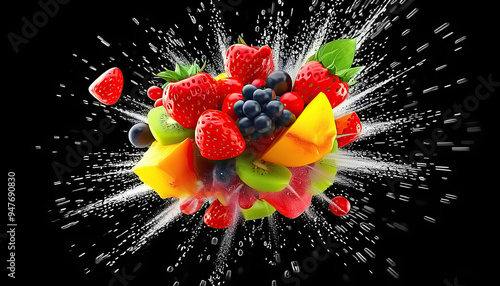 Brightly colored pieces of fruits and berries fly in different directions on a black background, creating an explosion effect with splashes and drops. AI, Generation, Illustration.