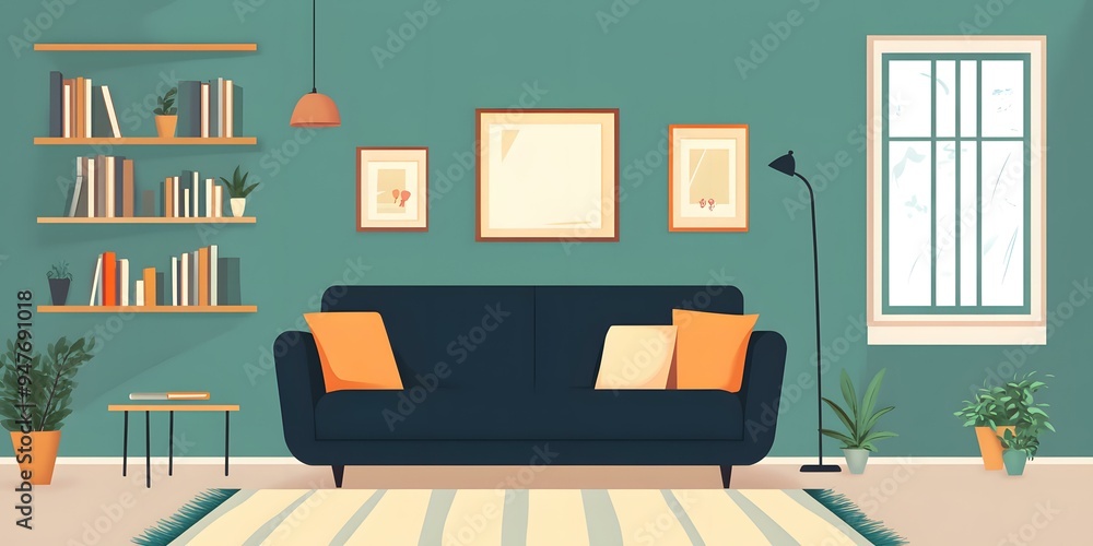 Cozy Living Room with Sofa and Bookshelf Cozy Living Room with Sofa and Bookshelf