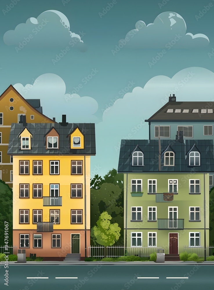 Illustration of Two Buildings on a Street Illustration of Two Buildings on a Street