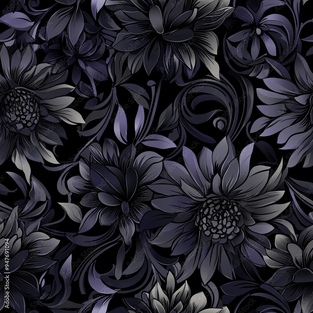 Seamless pattern of gothic asters with intricate petals and deep Seamless pattern of gothic asters with intricate petals and deep