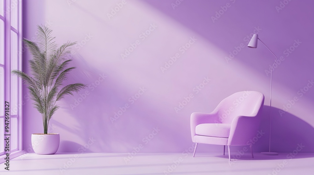 A creative interior design in a purple-pink studio featuring a lamp, plant pot, and armchair. The pastel purple color background provides a soft and stylish setting, ideal for a web page, presentation A creative interior design in a purple-pink studio featuring a lamp, plant pot, and armchair. The pastel purple color background provides a soft and stylish setting, ideal for a web page, presentation