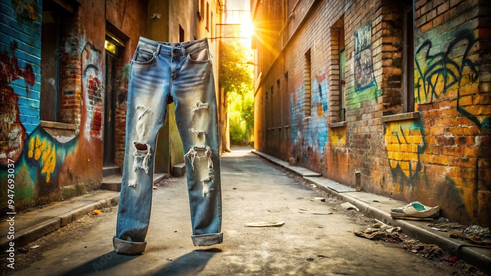 With faded thigh creases and frayed cuffs, these worn-in jeans emanate a timeless, city-hardened swagger, as if they've absorbed the gritty urban energy of the graffiti-scarred alley. With faded thigh creases and frayed cuffs, these worn-in jeans emanate a timeless, city-hardened swagger, as if they've absorbed the gritty urban energy of the graffiti-scarred alley.