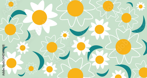 Flat Style Spring Daisy with Leaf Green Background