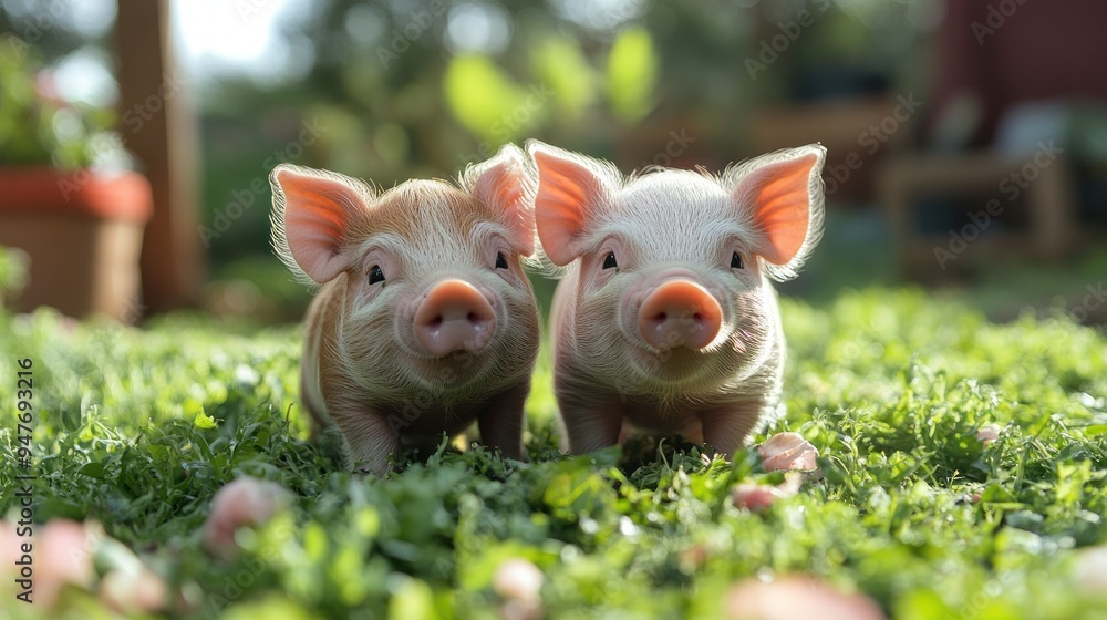 Two adorable piglets playfully exploring a grassy area. Two adorable piglets playfully exploring a grassy area.