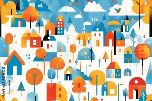 Abstract Geometric Illustration of a Winter Village with Colorful Houses and Trees