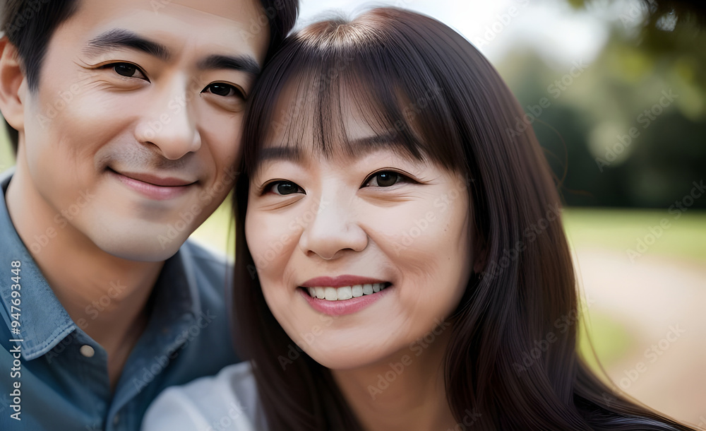 a portrait of a happy attractive middle aged Asian couple in love, smiling, romantic, relationship, joyful, connected, serene, affectionate, intimate, cozy, warm, gentle, content, caring, close a portrait of a happy attractive middle aged Asian couple in love, smiling, romantic, relationship, joyful, connected, serene, affectionate, intimate, cozy, warm, gentle, content, caring, close