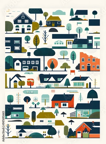 Geometric Illustration of a Town with Houses and Trees
