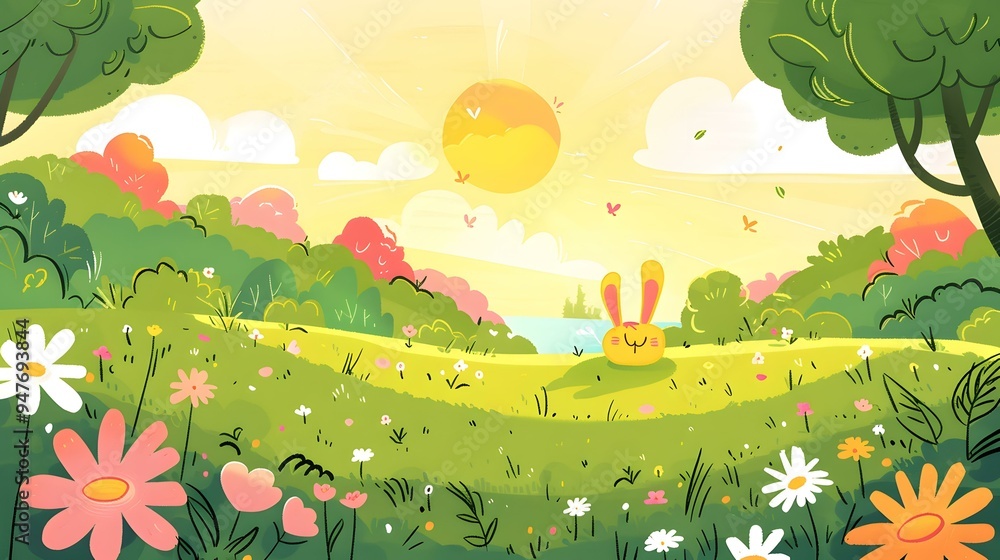 Naklejka premium Cute Cartoon Rabbit Sitting In Meadow With Flowers