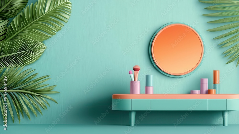 A retroinspired dressing table with pastelcolored cosmetics and a vintage mirror, reflecting the playful side of a superstar, Retro, Illustration A retroinspired dressing table with pastelcolored cosmetics and a vintage mirror, reflecting the playful side of a superstar, Retro, Illustration