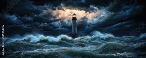 a coastal lighthouse standing tall against a stormy sea, with dark, ominous clouds overhead