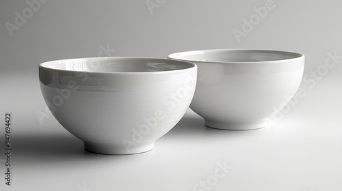 Two white ceramic bowls sit side by side on a white linen tablecloth.