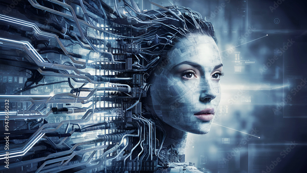 A woman's face intricately formed from computer chips and wires ...
