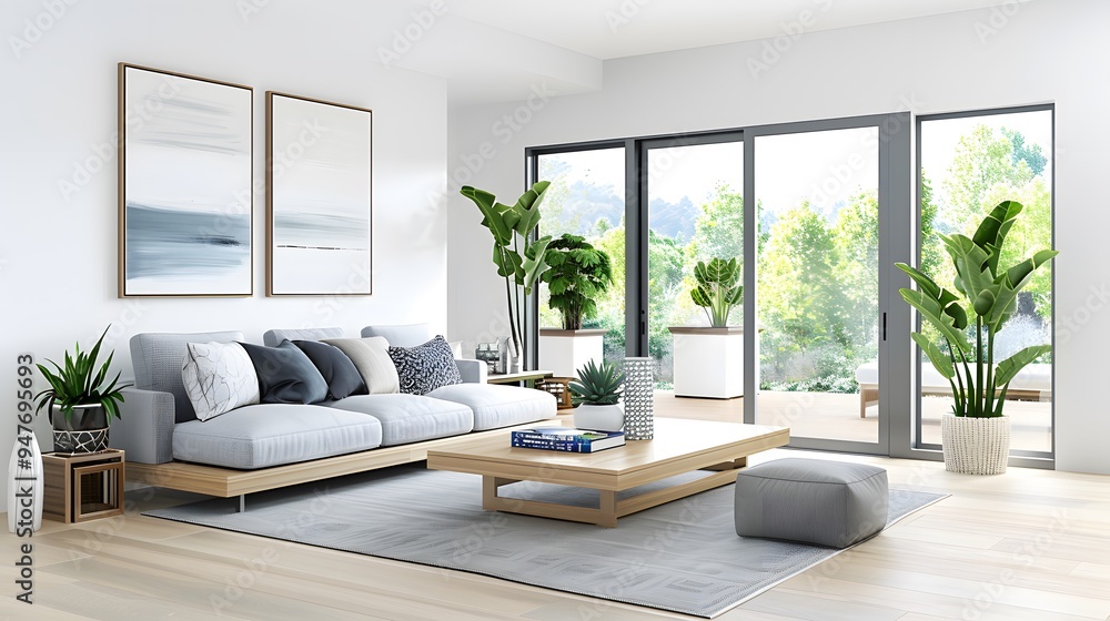 A minimalist living area with a light wood coffee table, a gray sofa, and large windows letting in natural light. Minimalist Art Media realistic A minimalist living area with a light wood coffee table, a gray sofa, and large windows letting in natural light. Minimalist Art Media realistic