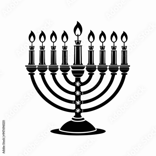 Black and White Menorah with Lit Candles for Hanukkah