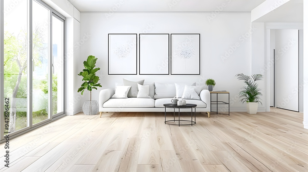 A minimalist living room with a light wood floor, a white sofa, and a few black and white photos on the wall. Minimalist Art Media realistic A minimalist living room with a light wood floor, a white sofa, and a few black and white photos on the wall. Minimalist Art Media realistic