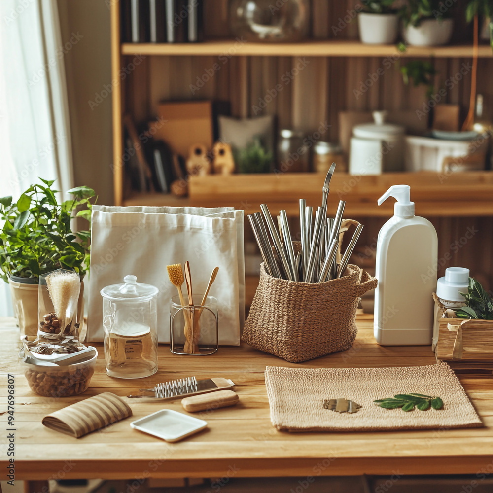 Fototapeta premium A scene with products, and cleaning supplies on a wooden table