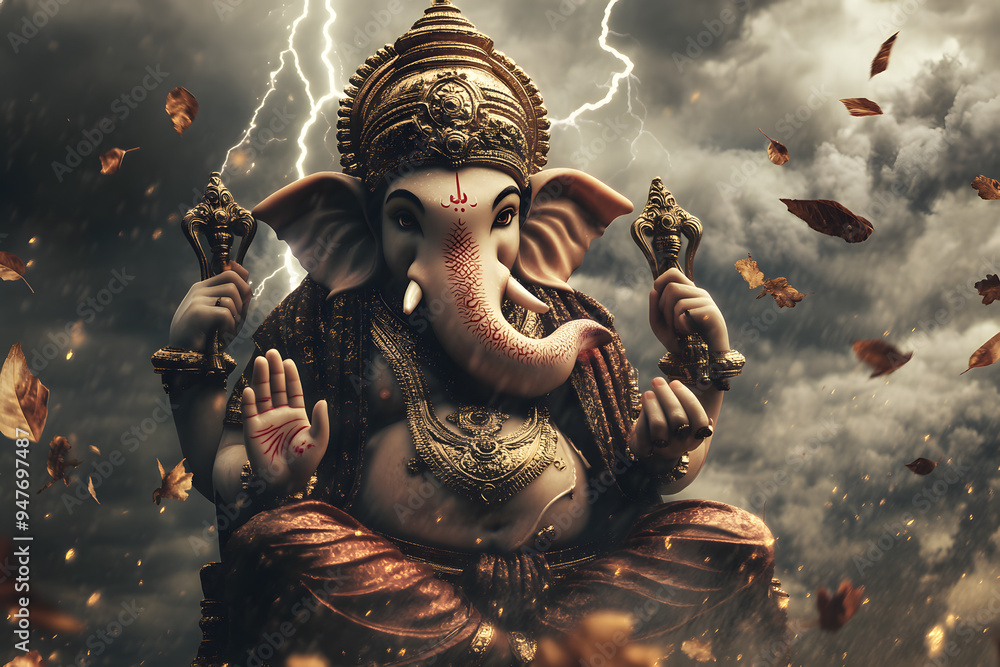 Lord Ganesha with a dramatic and powerful storms background Lord Ganesha with a dramatic and powerful storms background