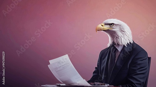 Majestic eagle in a suit, overlooking legal documents on a desk, abstract watercolor backdrop, Watercolor style photo