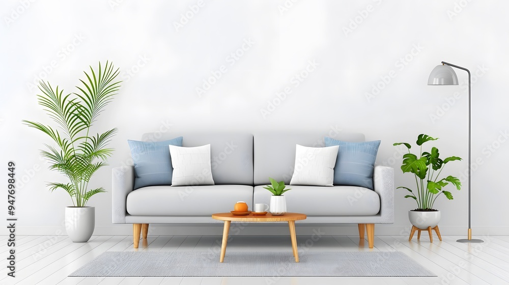 A minimalist Scandinavian living room with a light gray sofa, a simple coffee table, and a few indoor plants. Minimalist Art Media realistic A minimalist Scandinavian living room with a light gray sofa, a simple coffee table, and a few indoor plants. Minimalist Art Media realistic